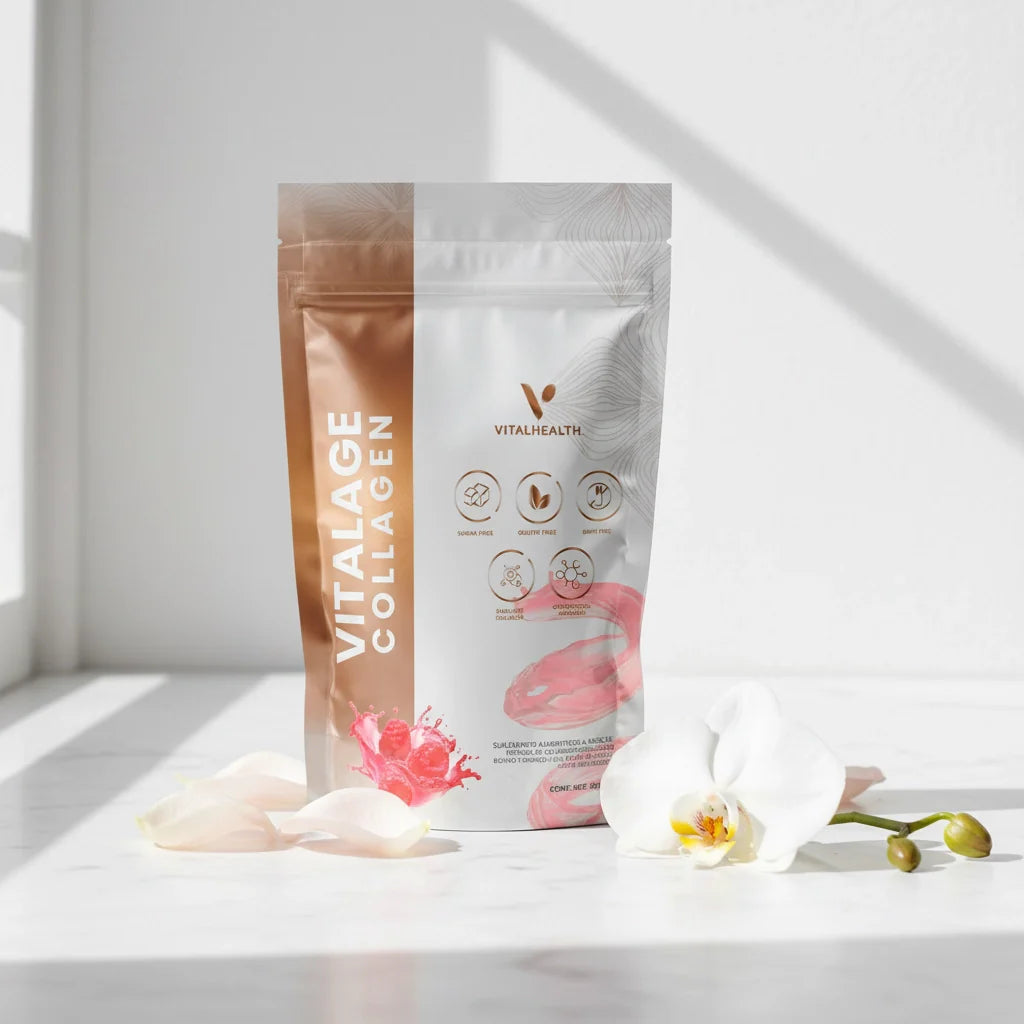 Suplemento Colágeno Vitalhealth V-Collagen en una presentación elegante que resalta sus beneficios de belleza.