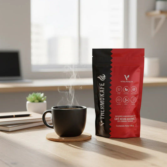 Taza de V-THERMOKAFE de Vitalhealth servida y lista para dar energía a la mañana.