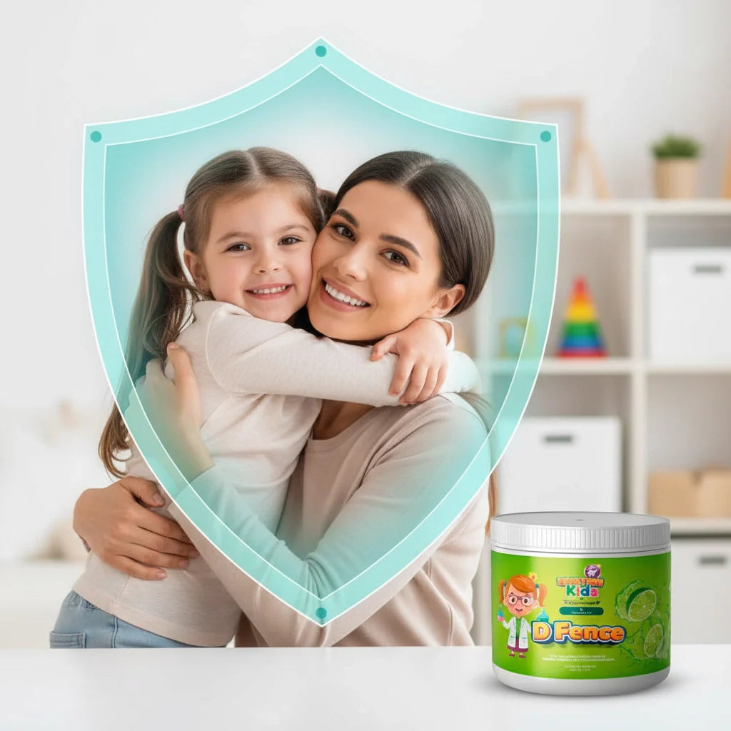 Niño protegido y saludable gracias al escudo de vitaminas D-FENCE Vitalhealth.