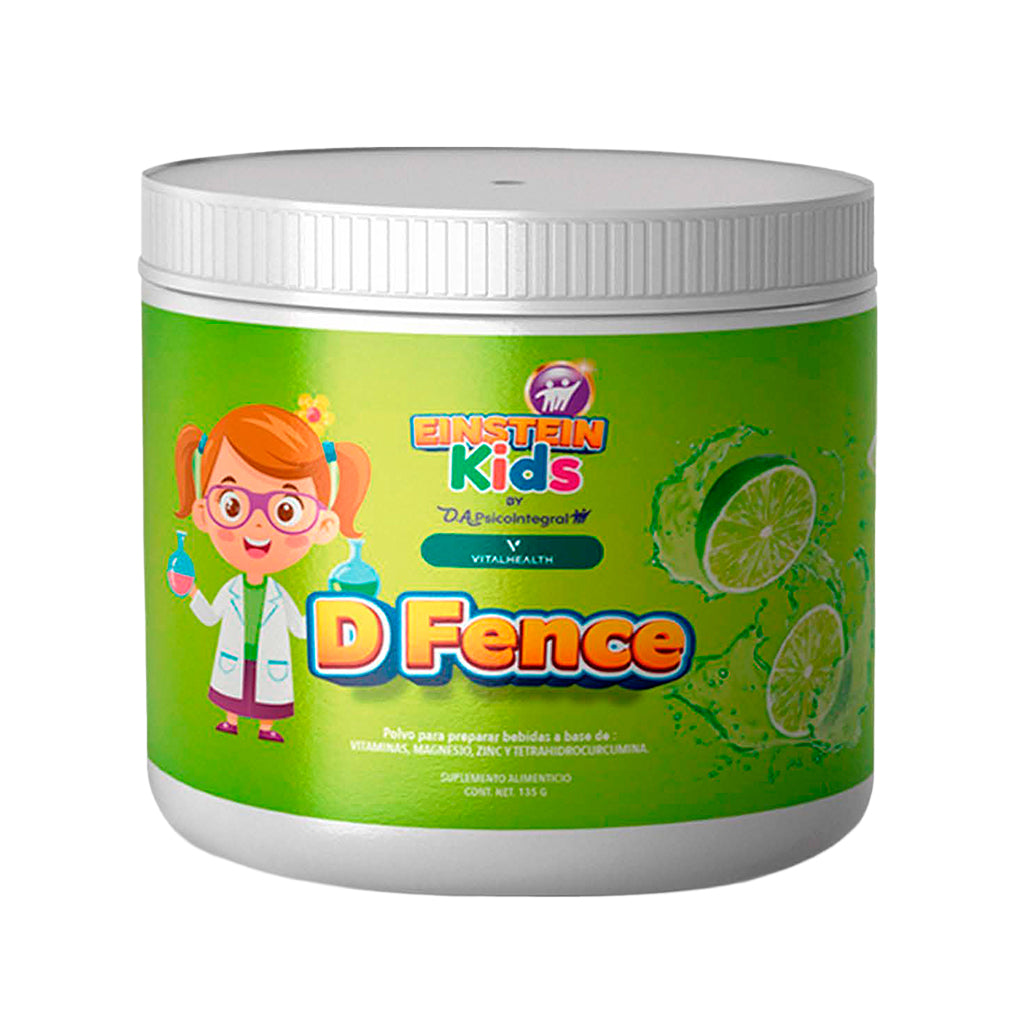 Bote del suplemento infantil D Fence de Vitalhealth línea Einstein Kids, con sabor a limón para reforzar el sistema inmune y el cerebro.