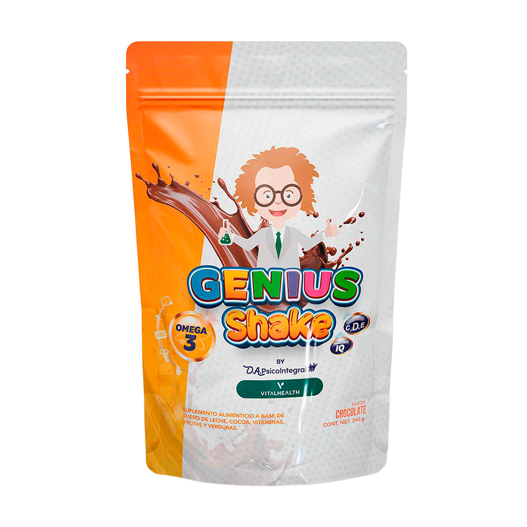 Bolsa del suplemento para niños GENIUS SHAKE de Vitalhealth, sabor chocolate, con proteína, Omega 3, frutas y verduras.
