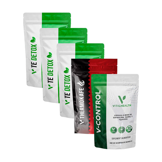 Kit Adelgaza de Vitalhealth con 5 productos: tres bolsas de V-TE DETOX, una de V-THERMOKAFE y una de V-CONTROL.