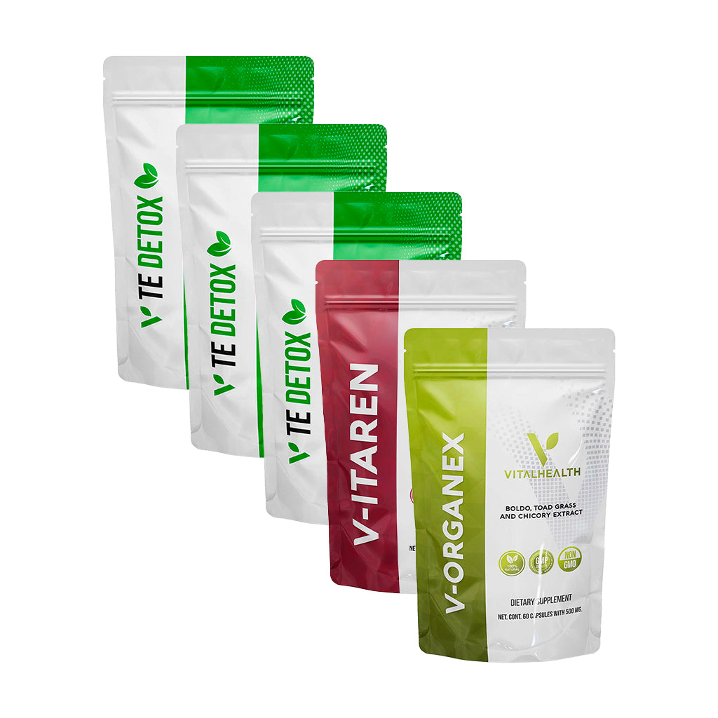 Kit Desintoxica de Vitalhealth con 5 productos: una bolsa de V-ORGANEX, una de V-ITAREN y tres de V-TE DETOX.