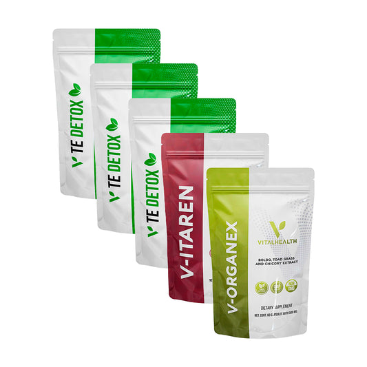 Kit Desintoxica de Vitalhealth con 5 productos: una bolsa de V-ORGANEX, una de V-ITAREN y tres de V-TE DETOX.
