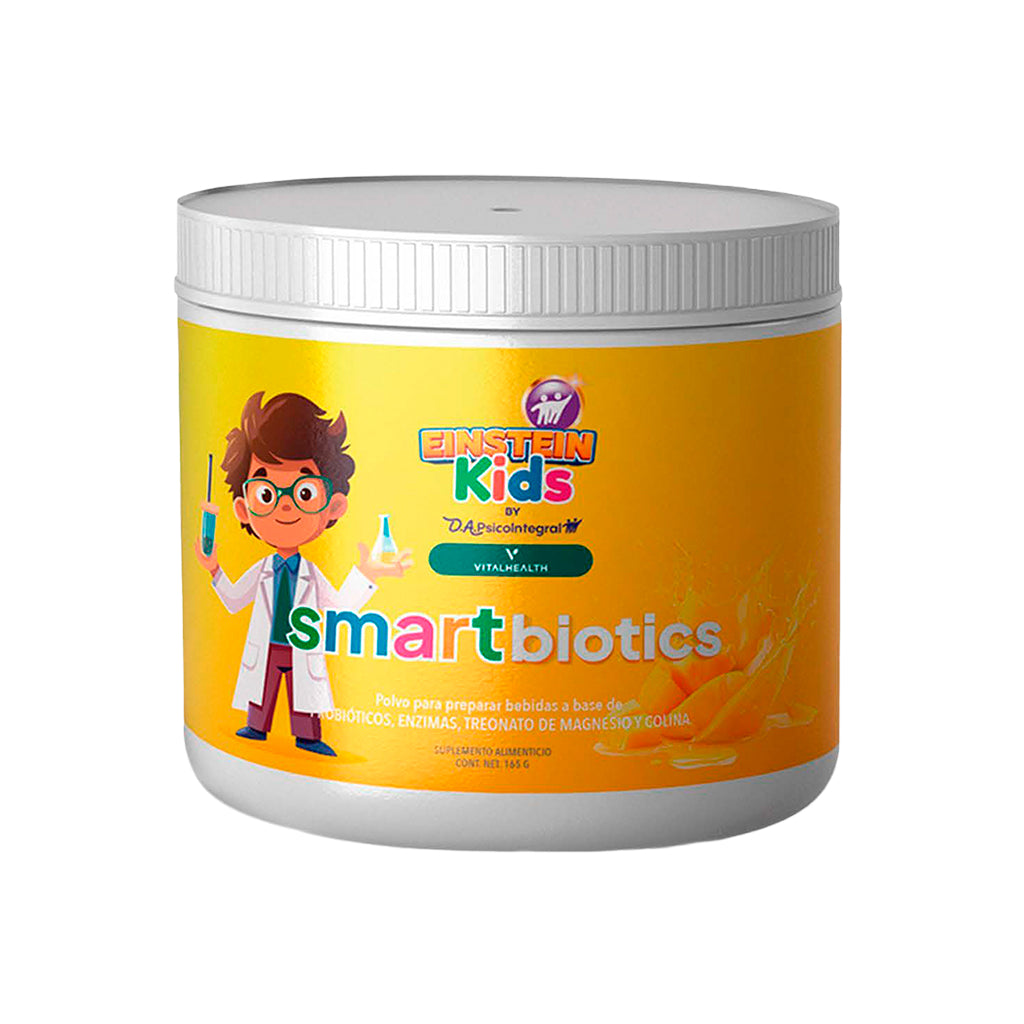 Bote del suplemento infantil smartbiotics de Vitalhealth línea Einstein Kids, con probióticos, magnesio y colina para la salud digestiva y cerebral.