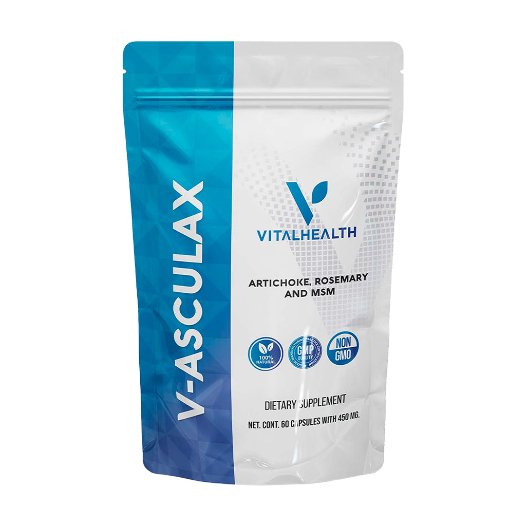 Bolsa del suplemento V-ASCULAX de Vitalhealth con 60 cápsulas, para la salud vascular y la circulación.