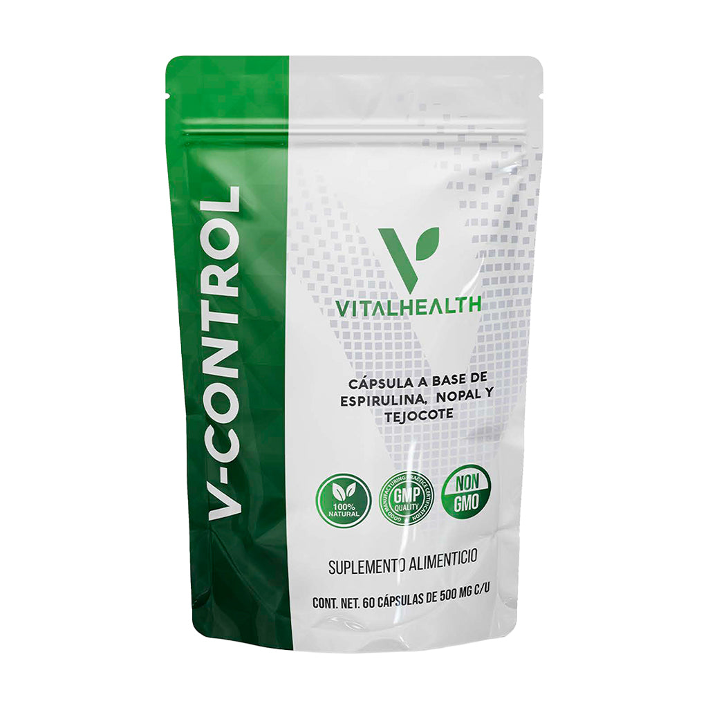 Bolsa del suplemento V-CONTROL de Vitalhealth, con cápsulas a base de Espirulina, Nopal y Tejocote, para el control de peso.