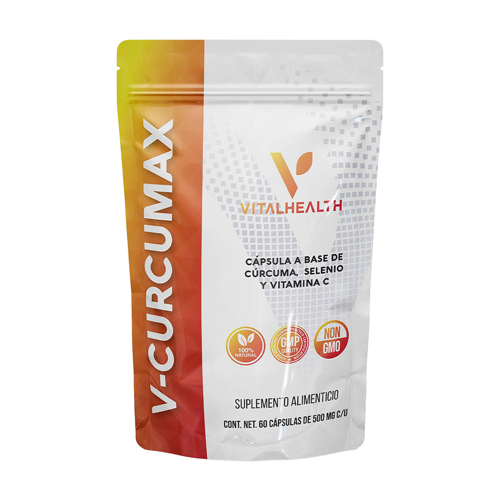 Bolsa del suplemento V-CURCUMAX de Vitalhealth, con cápsulas a base de Cúrcuma, Selenio y Vitamina C, para un efecto antiinflamatorio y antioxidante.