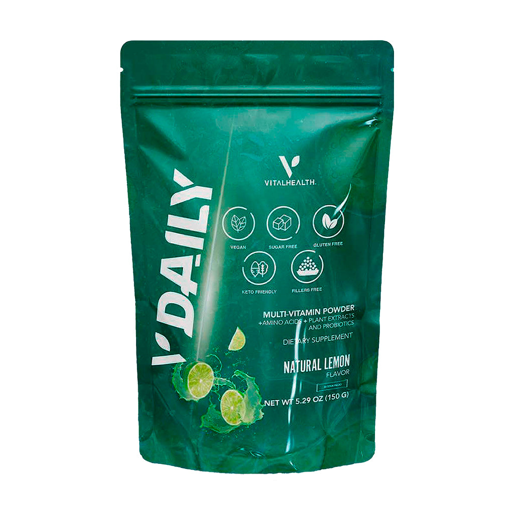 Bolsa del suplemento multivitamínico en polvo V-DAILY de Vitalhealth, sabor limón natural, vegano y keto friendly.