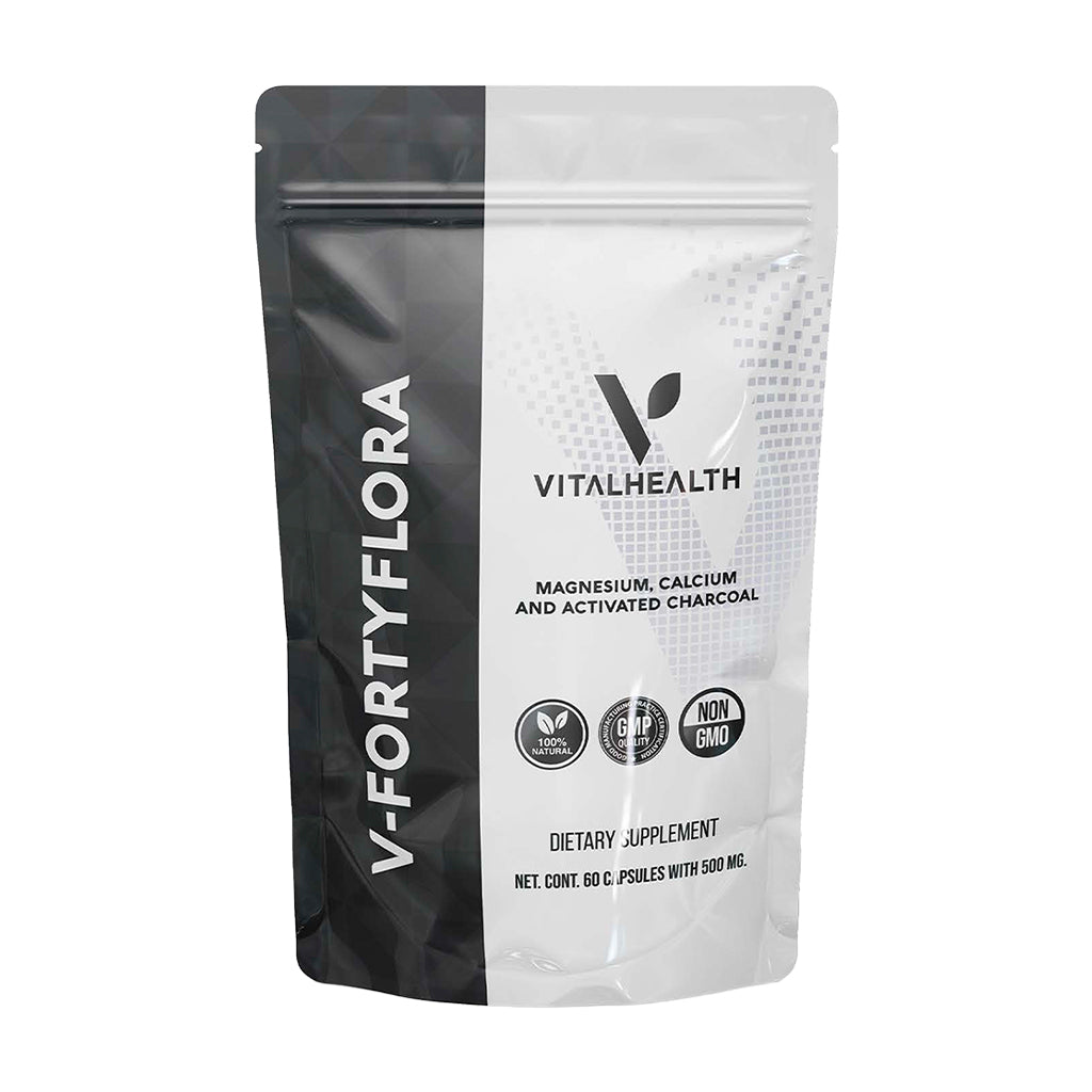 Bolsa del suplemento V-FORTYFLORA de Vitalhealth, con Magnesio, Calcio y Carbón Activado, para la desintoxicación y salud digestiva.