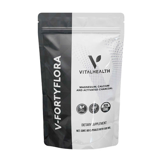 Bolsa del suplemento V-FORTYFLORA de Vitalhealth, con Magnesio, Calcio y Carbón Activado, para la desintoxicación y salud digestiva.