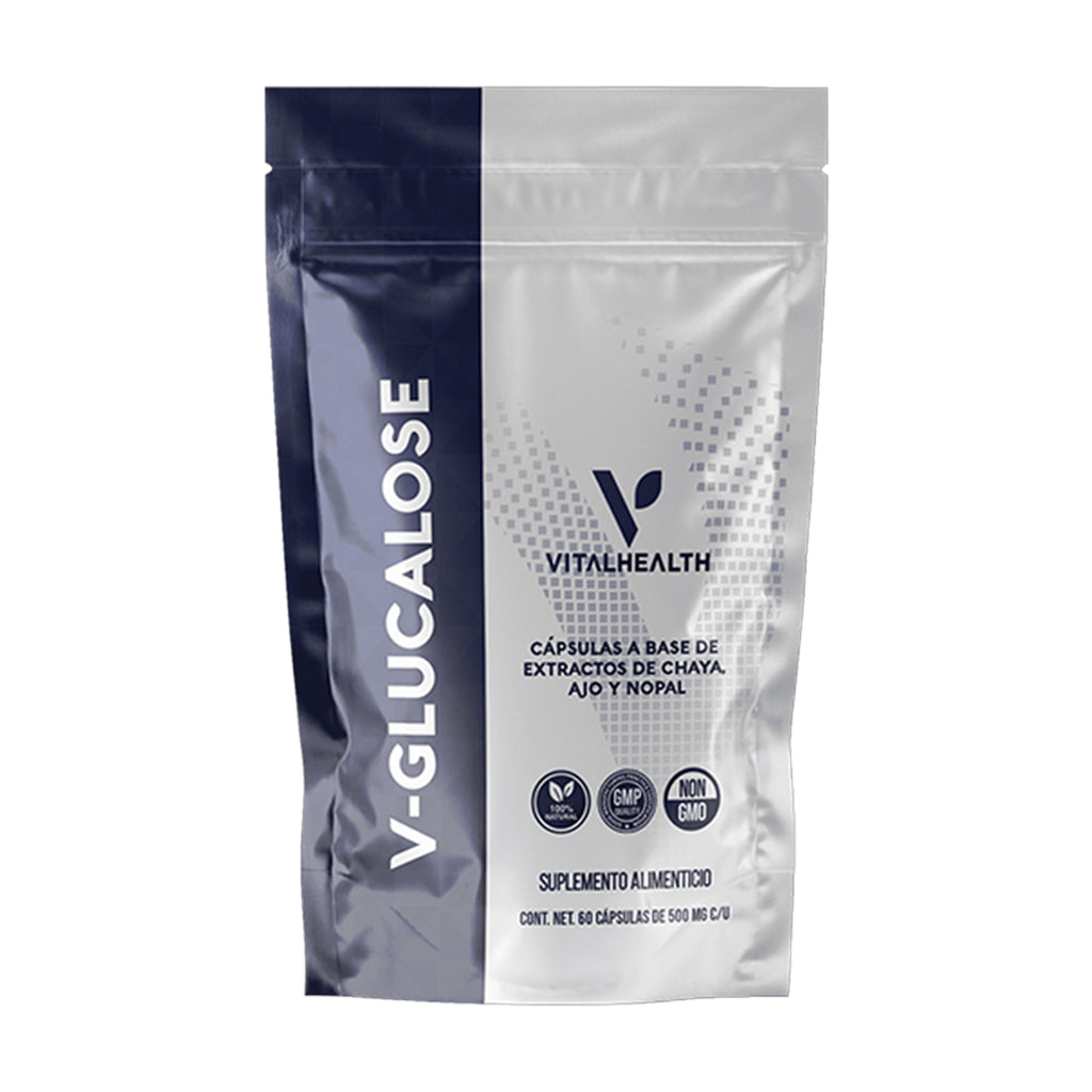 Bolsa del suplemento V-GLUCALOSE de Vitalhealth, con extractos de Chaya, Ajo y Nopal, para apoyar el control de los niveles de glucosa en la sangre.