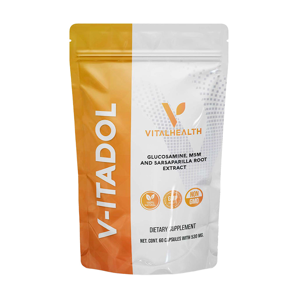 Bolsa del suplemento V-ITADOL de Vitalhealth, con Glucosamina, MSM y extracto de Zarzaparrilla, para la salud y el alivio del dolor en las articulaciones.
