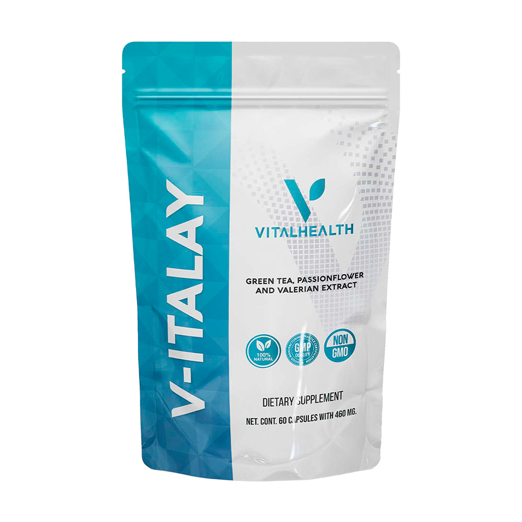 Bolsa del suplemento V-ITALAY de Vitalhealth, con Té Verde, Pasiflora y extracto de Valeriana, para promover la relajación y mejorar la calidad del sueño.