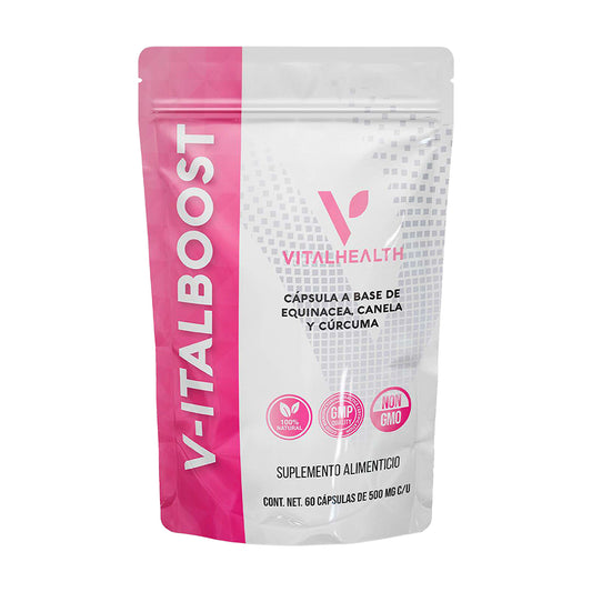 Bolsa del suplemento V-ITALBOOST de Vitalhealth, con Equinácea, Canela y Cúrcuma, para fortalecer el sistema inmunológico.