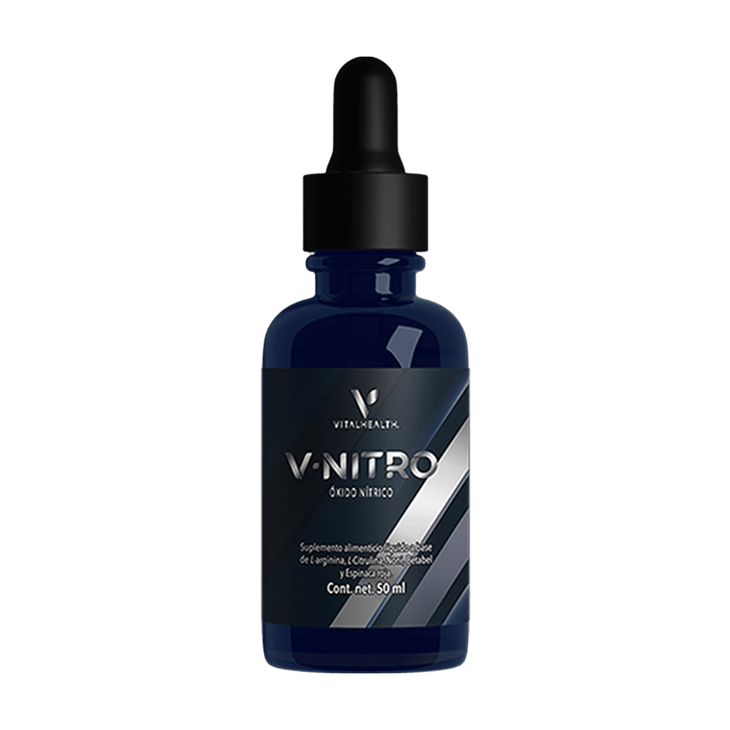 Frasco con gotero del suplemento V-NITRO Óxido Nítrico de Vitalhealth, con L-Arginina, Betabel y Espinaca, para mejorar la circulación y el rendimiento físico.