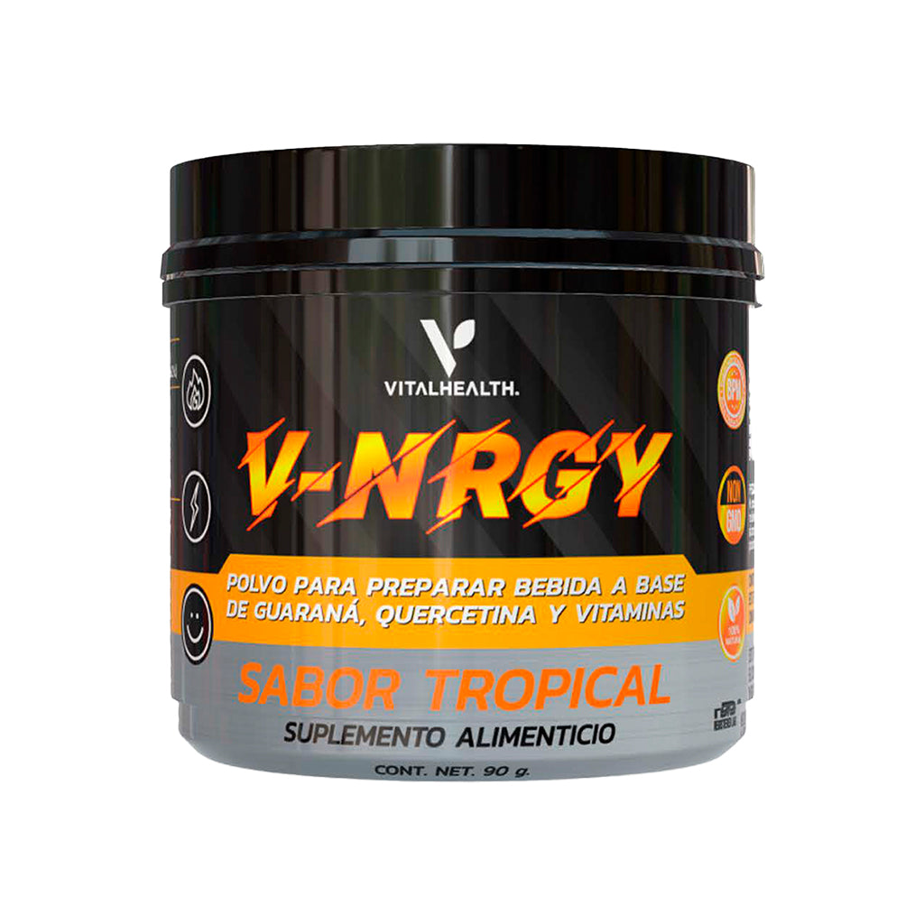 Bote del suplemento en polvo V-NRGY de Vitalhealth, sabor tropical, con Guaraná, Quercetina y Vitaminas, para preparar una bebida energética.