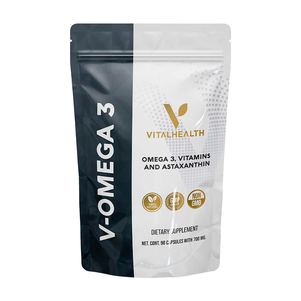 Bolsa del suplemento V-OMEGA 3 de Vitalhealth, con Omega 3, Vitaminas y Astaxantina, para la salud cardiovascular, cerebral y con un potente efecto antioxidante.