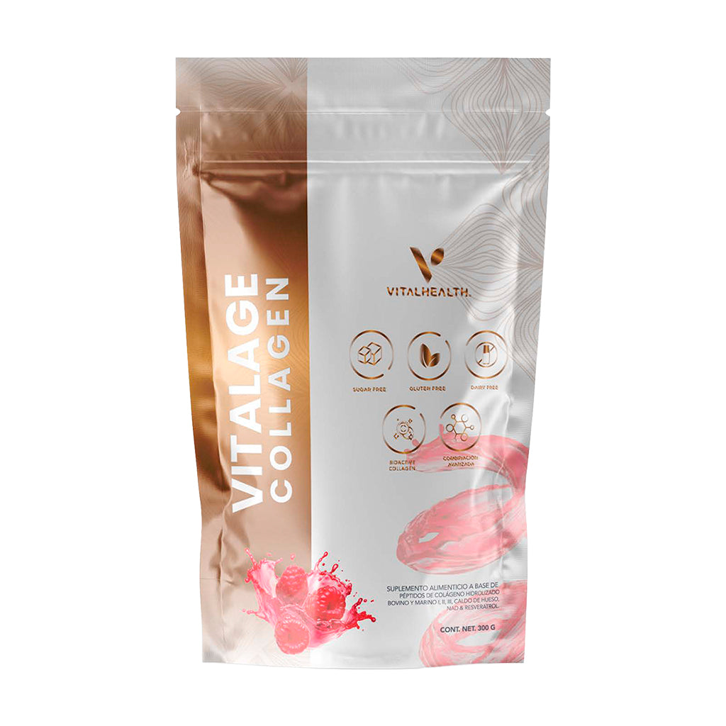 Bolsa del colágeno antiedad VITALAGE COLLAGEN de Vitalhealth, sabor frambuesa, con péptidos bioactivos, resveratrol y caldo de hueso.