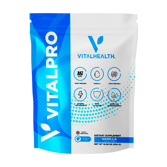 Bolsa del suplemento de proteína VITALPRO de Vitalhealth, sabor vainilla, con 16g de proteína de suero de leche, Omega 3 y antioxidantes para un batido nutricional keto friendly.