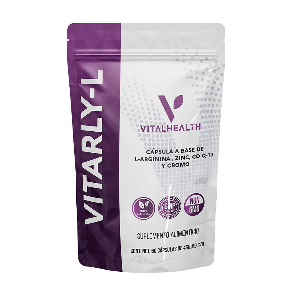 Bolsa del suplemento VITARRY-L de Vitalhealth, con L-Arginina, Zinc, Coenzima Q-10 y Cromo, para la salud masculina, energía y vitalidad.