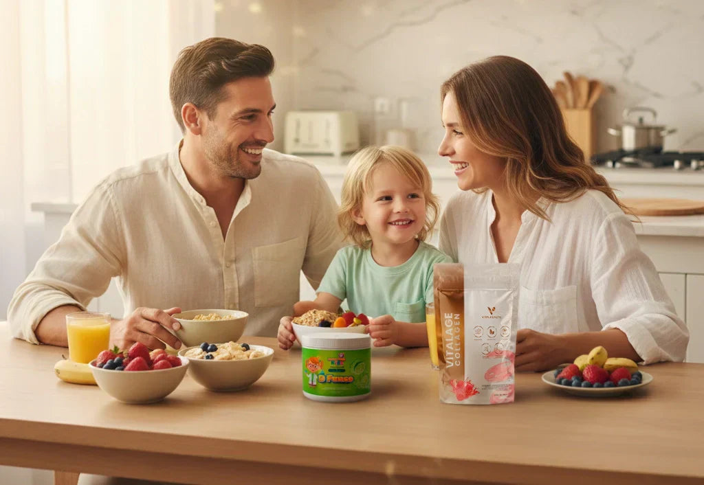Familia feliz y saludable mostrando la gama de Vitalhealth Productos en la mesa de su cocina.