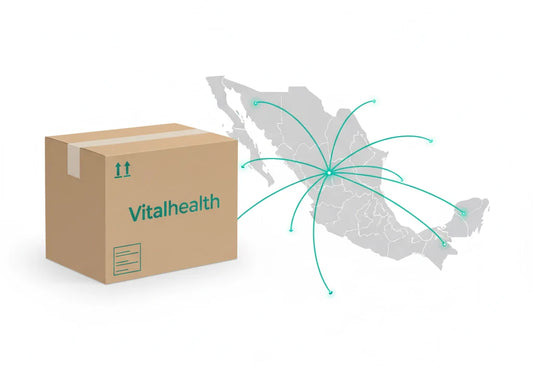 Caja de envío de la Tienda Vitalhealth con un mapa de fondo que ilustra la entrega en todo México.