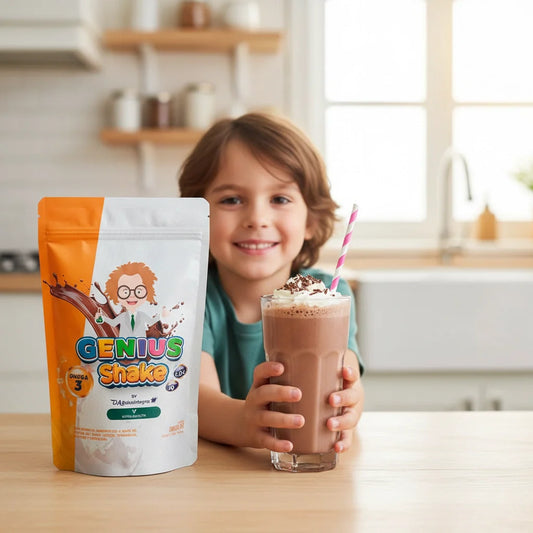 Niño feliz bebiendo una malteada Genius Shake para la nutrición y el desarrollo infantil.
