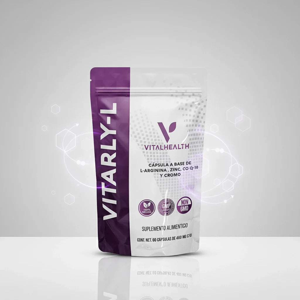 Envase del suplemento energético VITARLY-L de Vitalhealth con un diseño moderno y limpio.