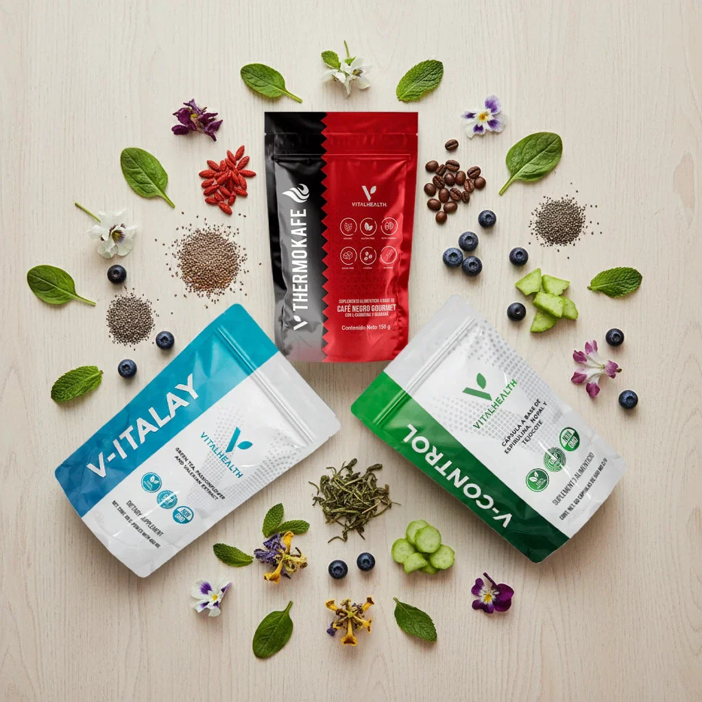 Guía para elegir los Suplementos Naturales Vitalhealth, mostrados junto a sus ingredientes de origen.
