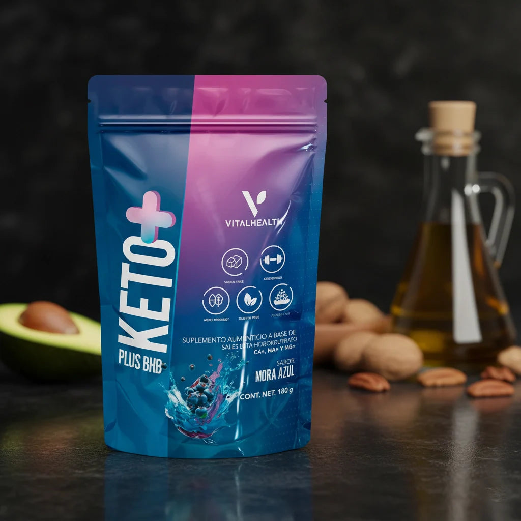 Suplemento KETO PLUS BHB de vitalhealth para el estilo de vida keto, rodeado de alimentos saludables.