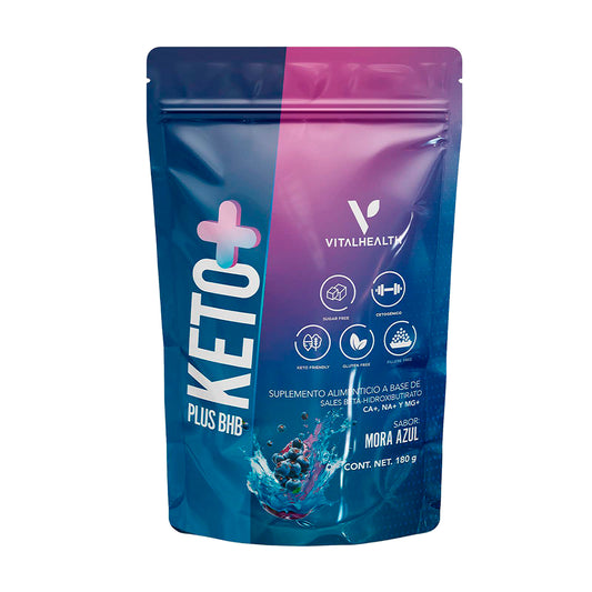 Bolsa del suplemento KETO PLUS BHB de Vitalhealth, sabor mora azul, con cetonas exógenas y electrolitos para la dieta cetogénica.