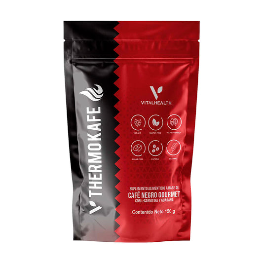 Bolsa del suplemento THERMOKAFE de Vitalhealth, sabor café negro gourmet, con L-Carnitina y Guaraná para un efecto termogénico.