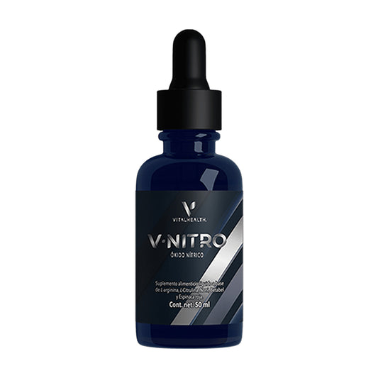 Frasco con gotero del suplemento V-NITRO Óxido Nítrico de Vitalhealth, con L-Arginina, Betabel y Espinaca, para mejorar la circulación y el rendimiento físico.